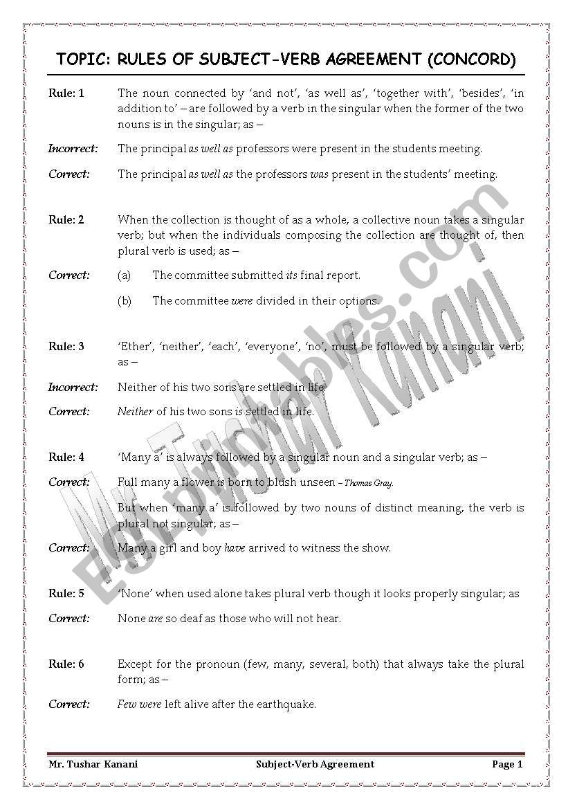 Subject verb agreement (Rules + Exercises)