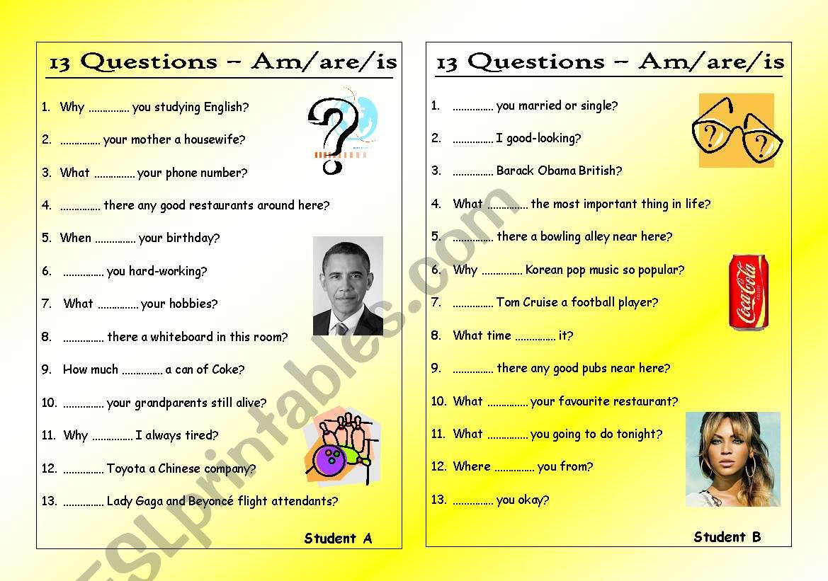 13 Questions (0): Am/are/is (Pair work)