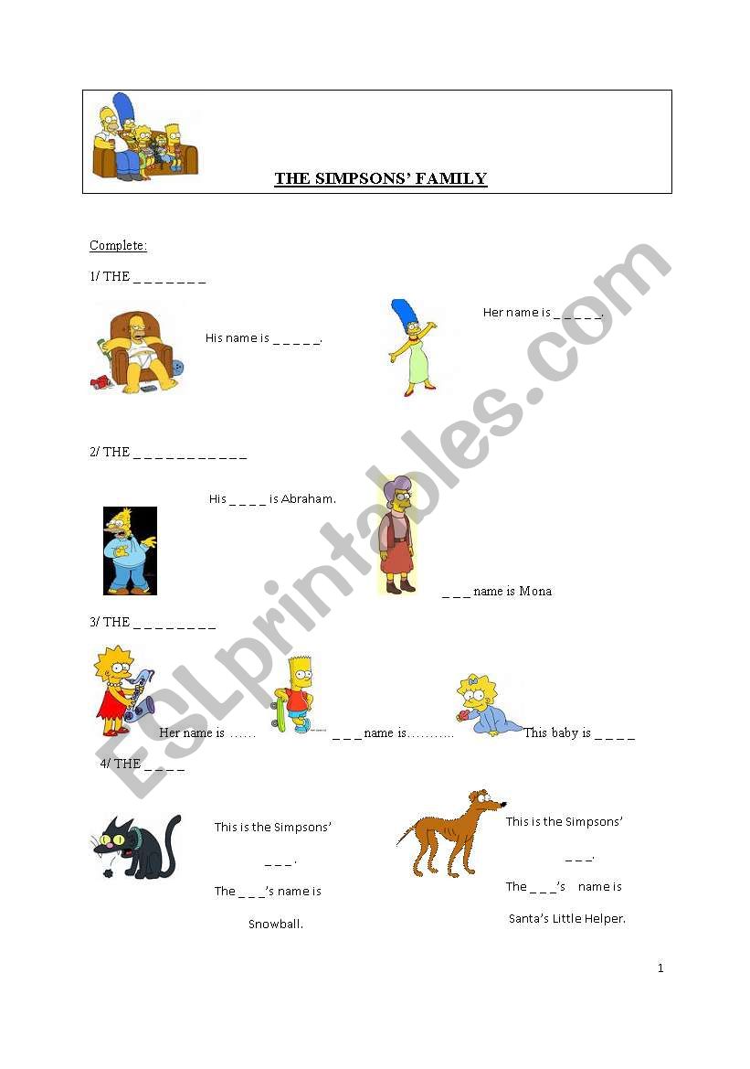 Simpsons family members worksheet