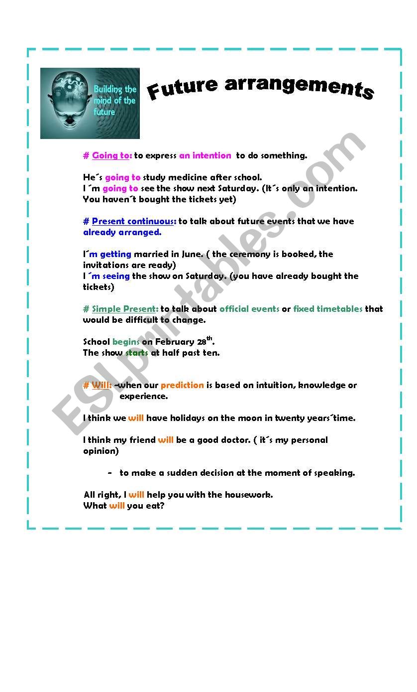 Future arrangements worksheet