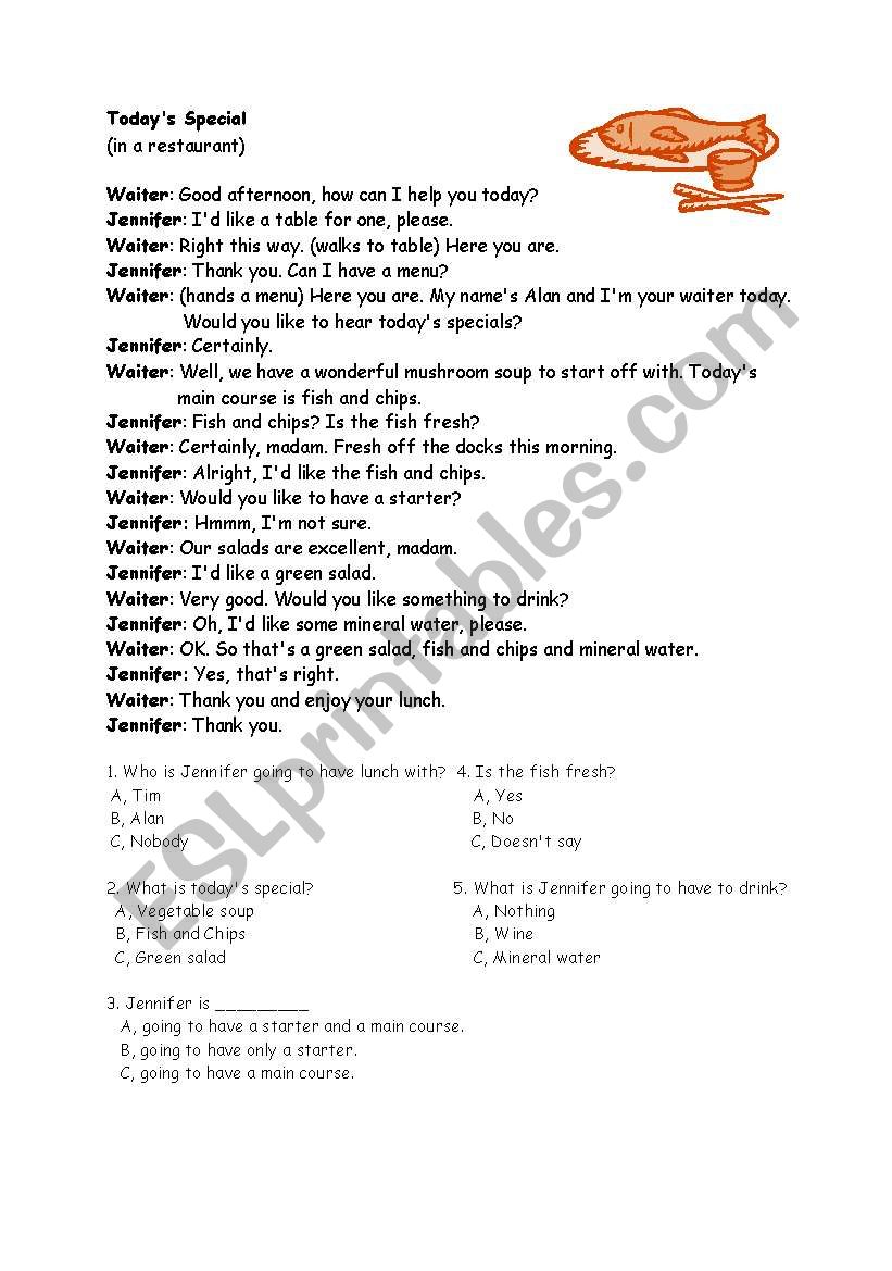 Todays menu worksheet