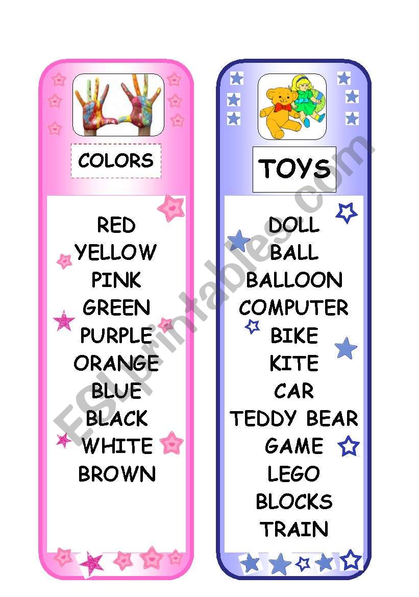 BOOKMARK - COLORS AND TOYS worksheet