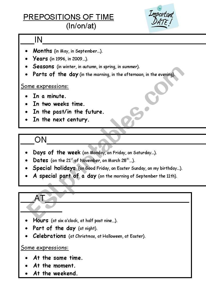 PREPOSITIONS OF TIME worksheet