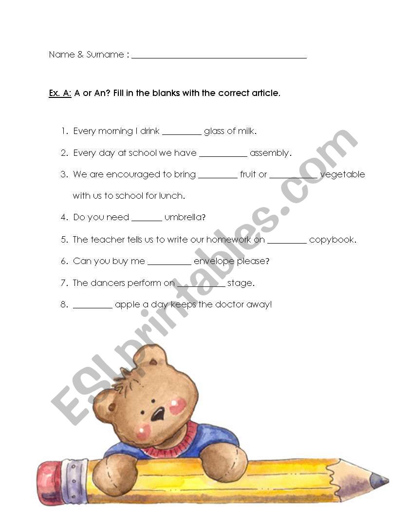 Definite/Indefinite Article Worksheet