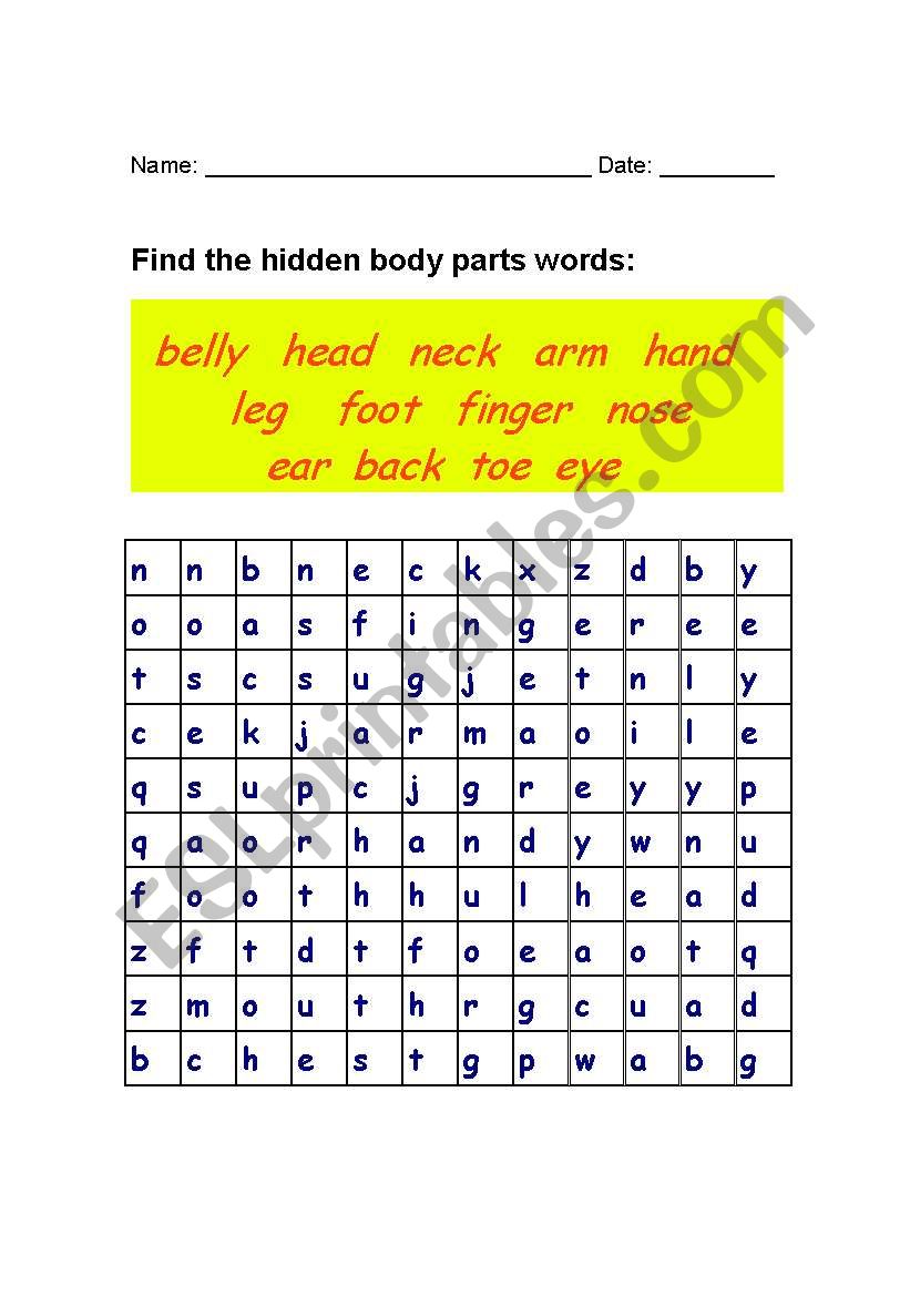 Body Parts Wordsearch worksheet