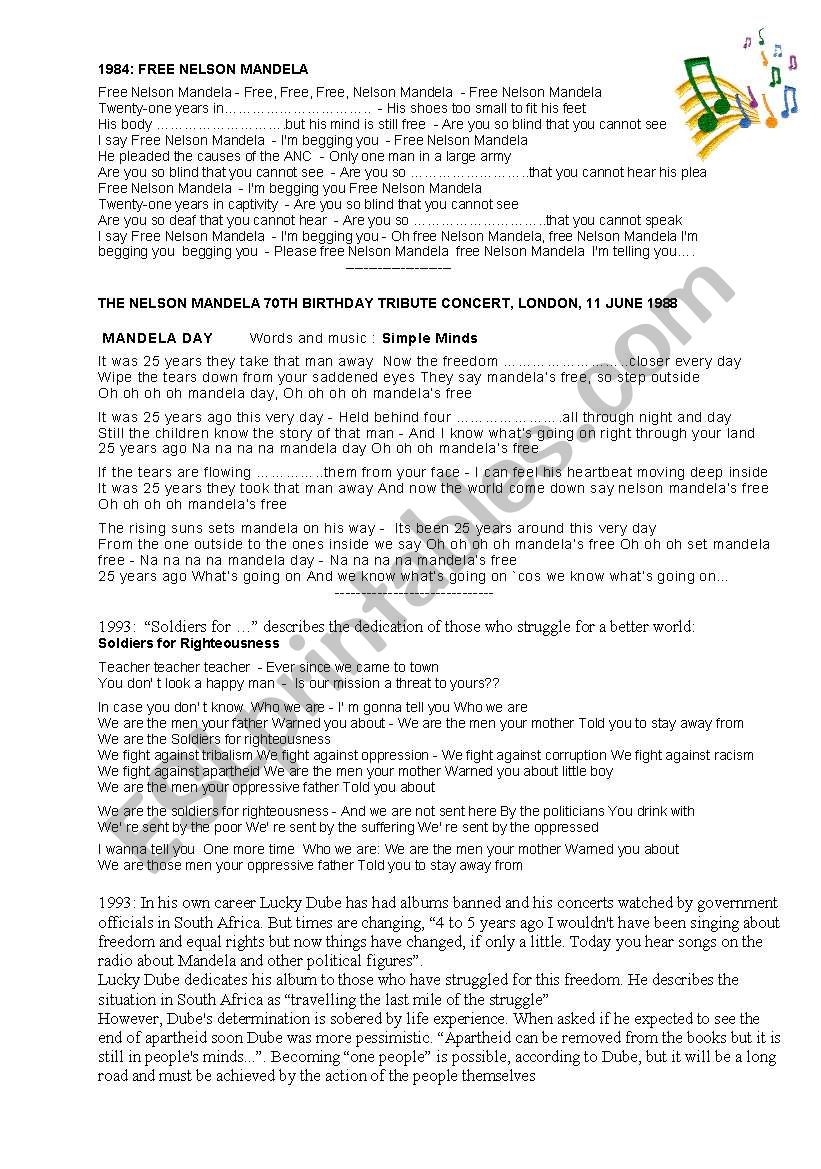 Mandela songs worksheet