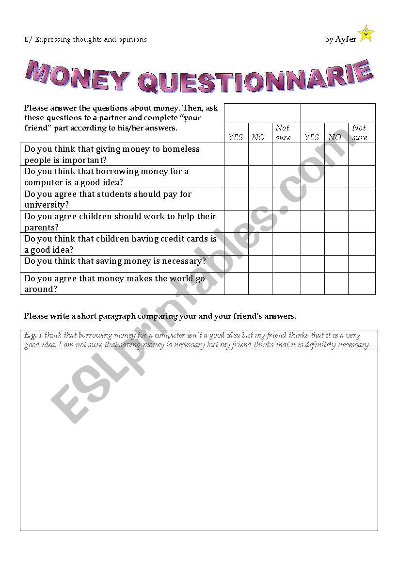 money questionnarie worksheet