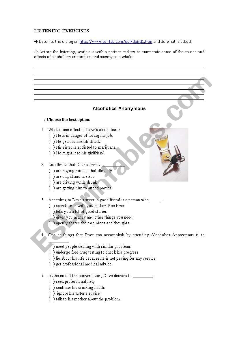 Alcoholics Anonymous worksheet