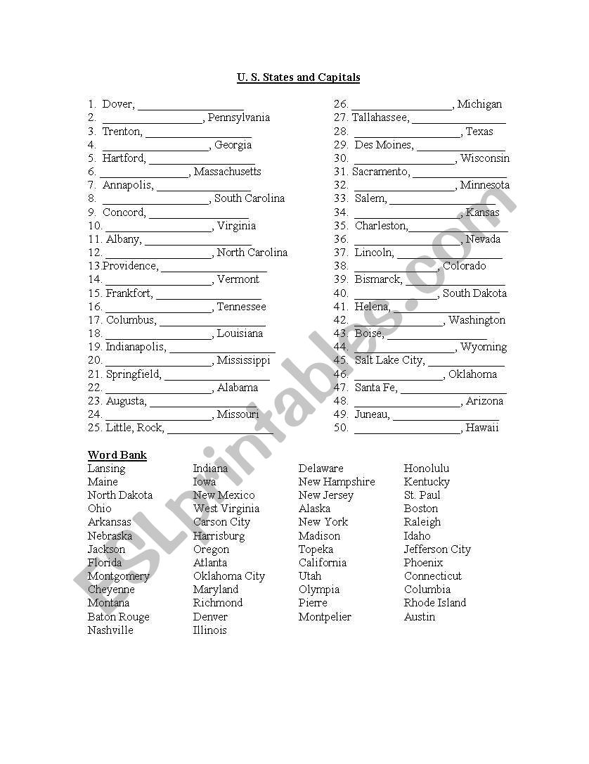 US States and Capitals worksheet