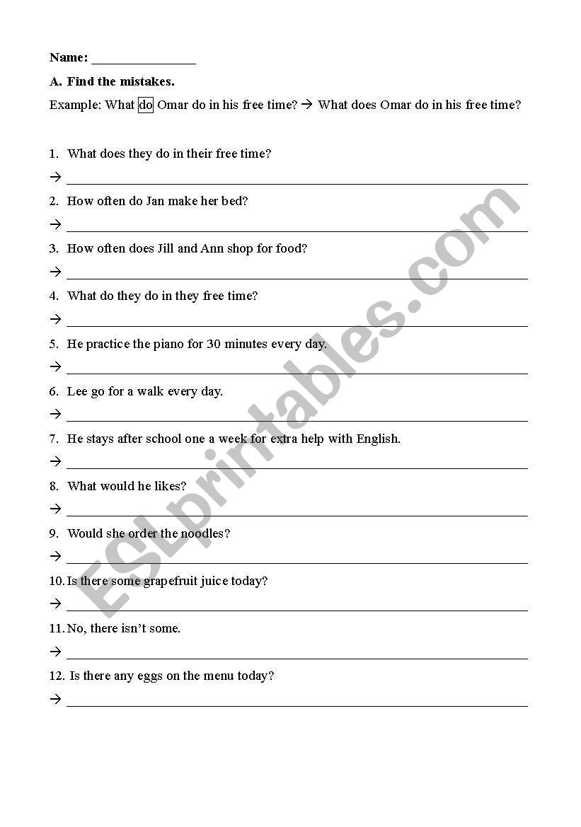 Find the mistakes worksheet