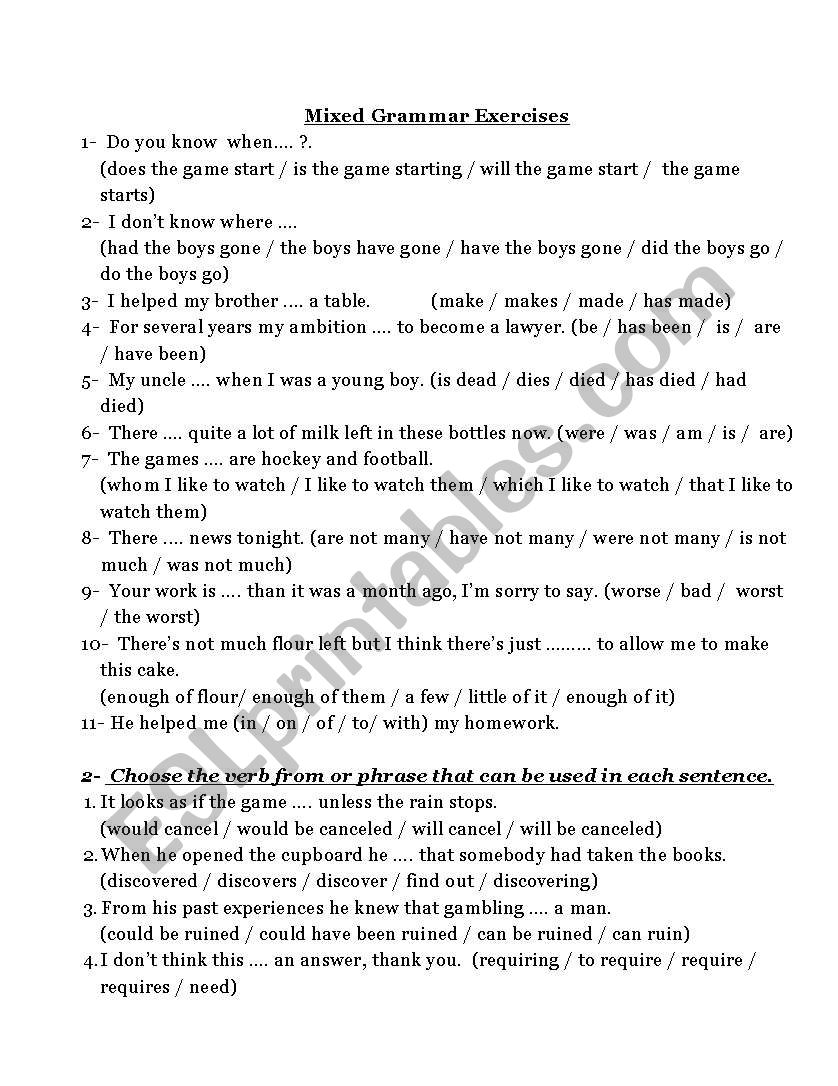 mixed grammar exercises worksheet