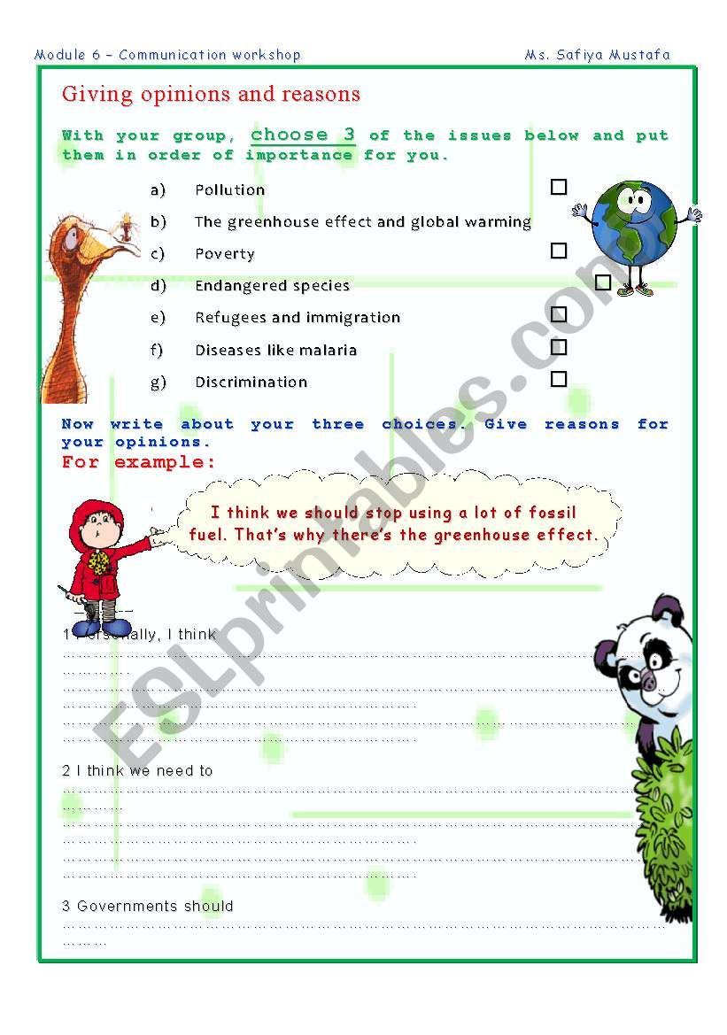Giving reasons and opinions worksheet