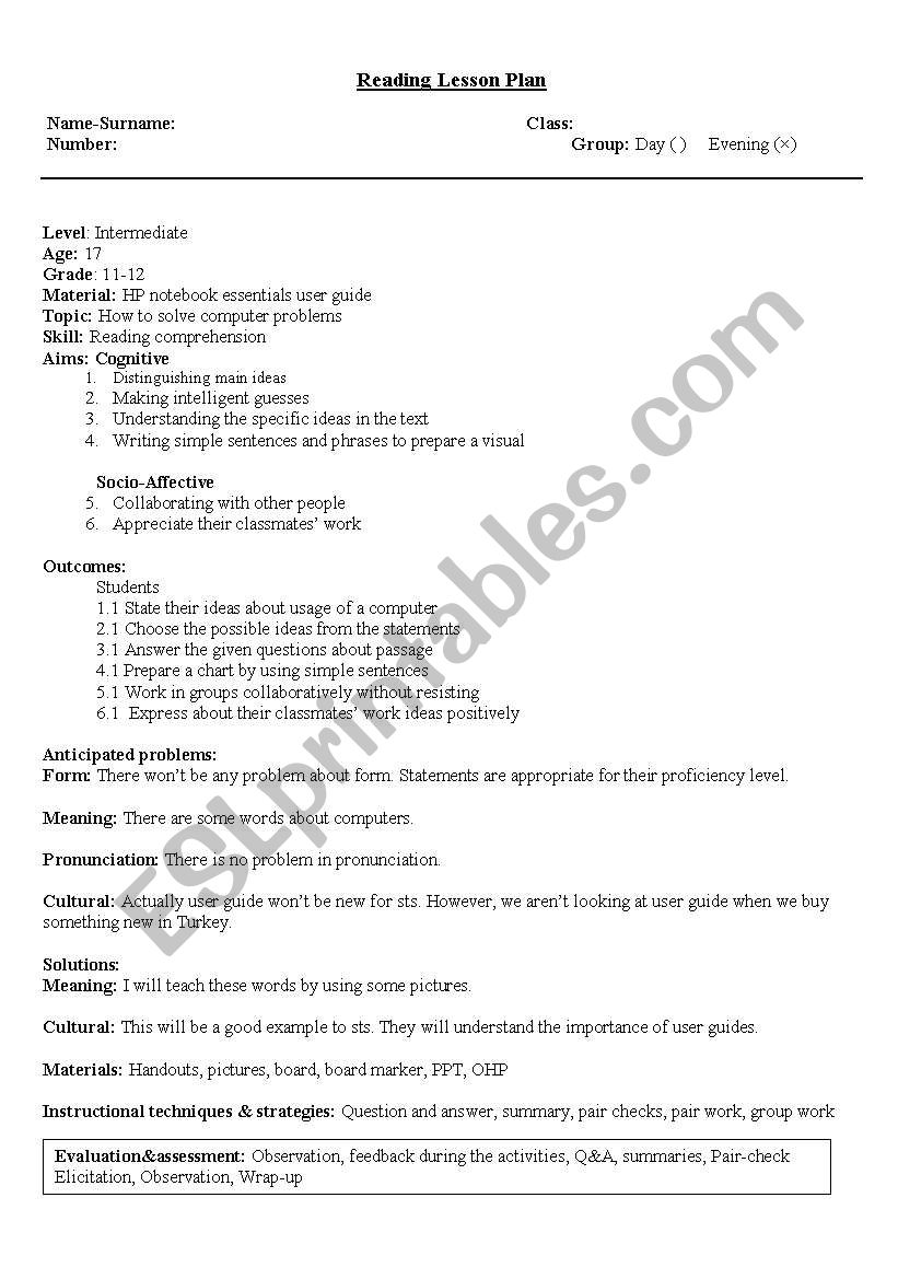 reading plan worksheet