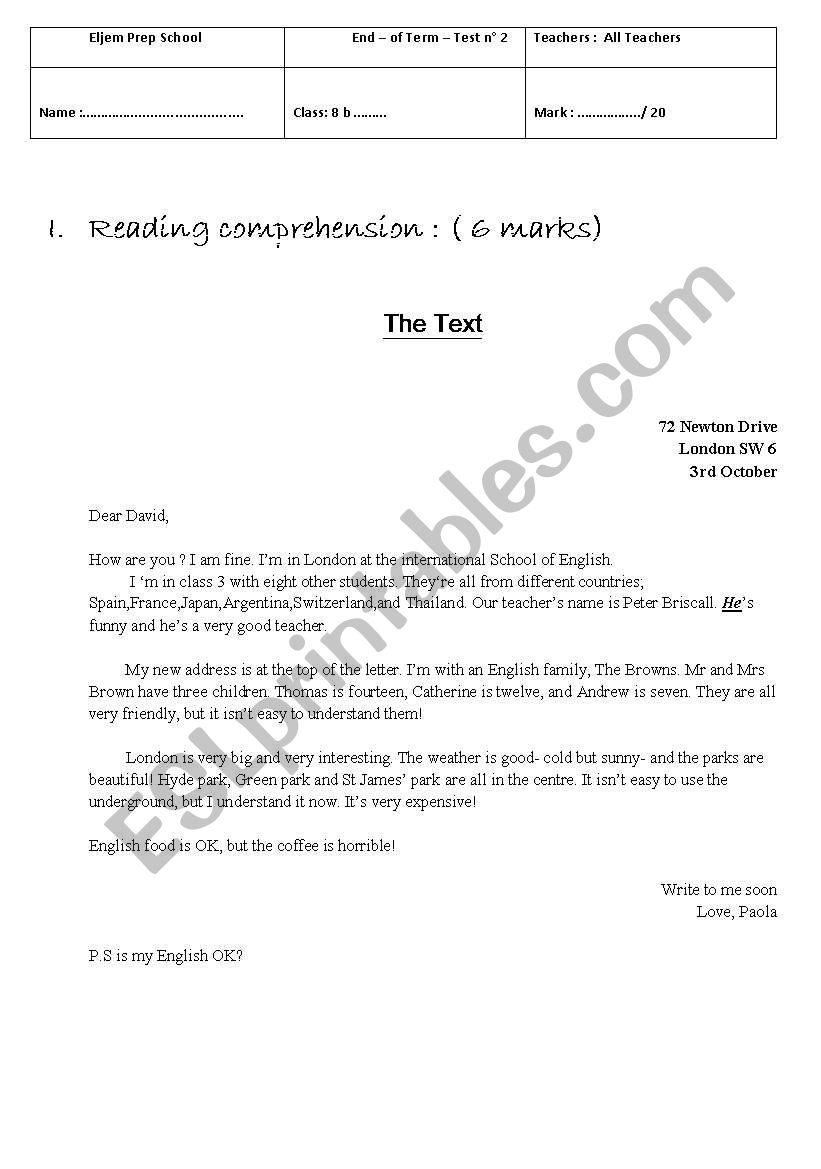 An exam for ESL worksheet