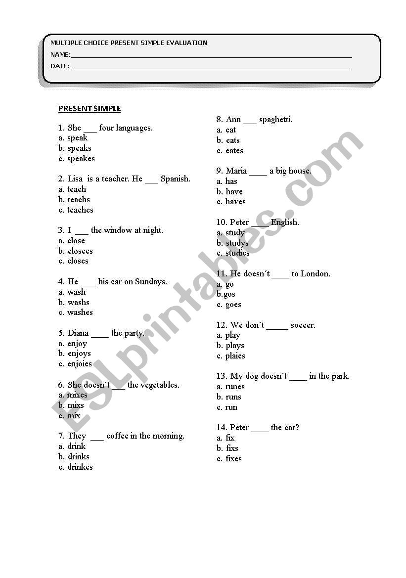 Present simle multiple choice worksheet