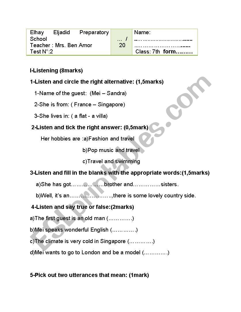 7th form exam worksheet