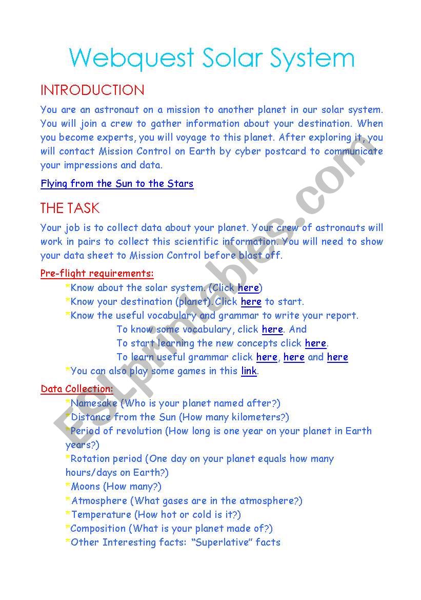 Webquest Solar System worksheet