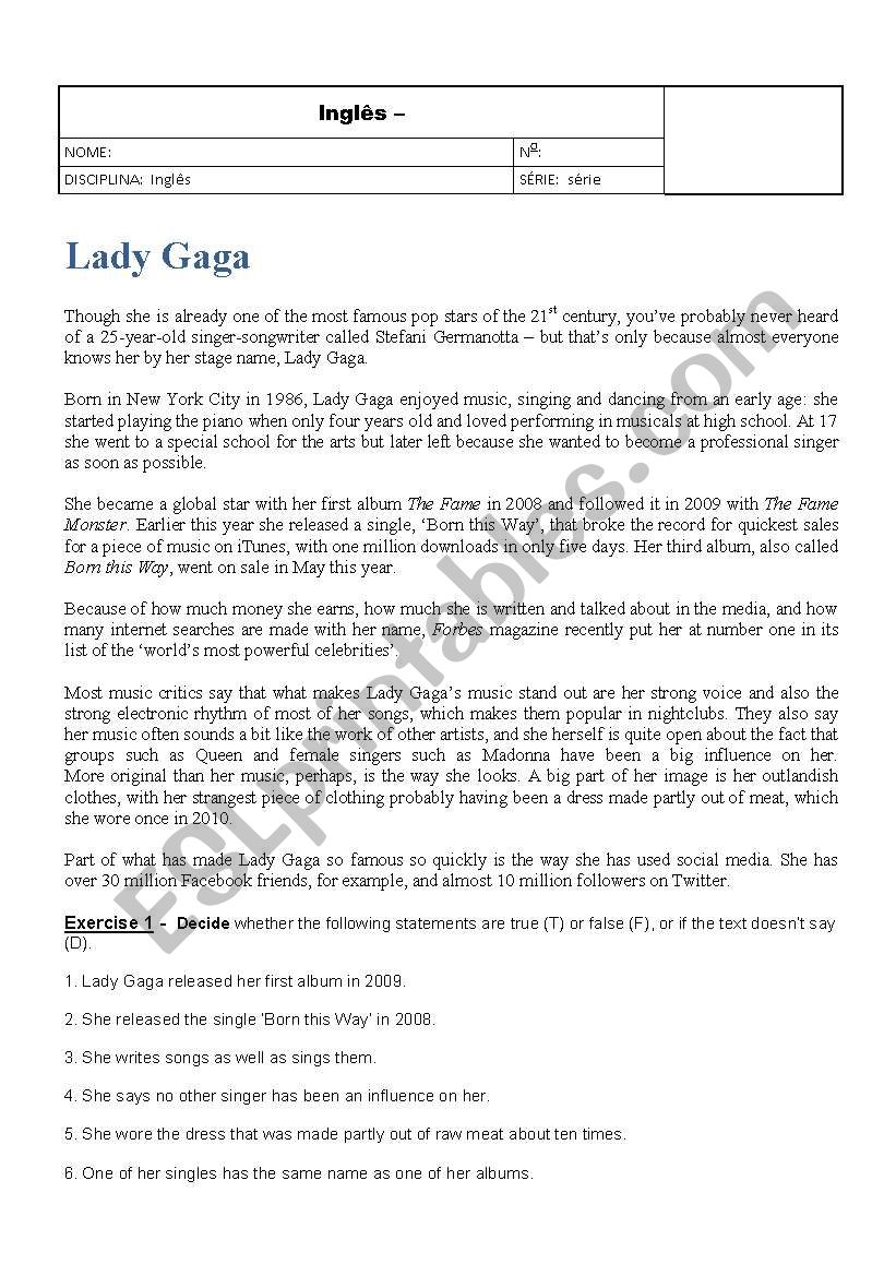 Lady Gaga worksheet