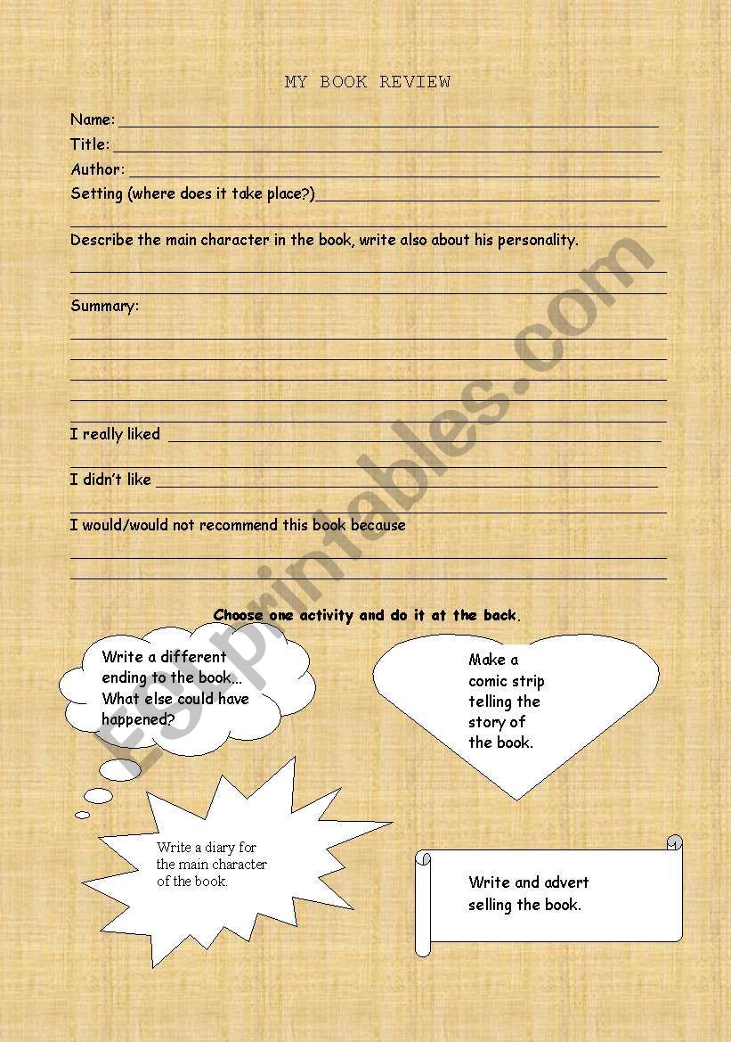 My book review template worksheet