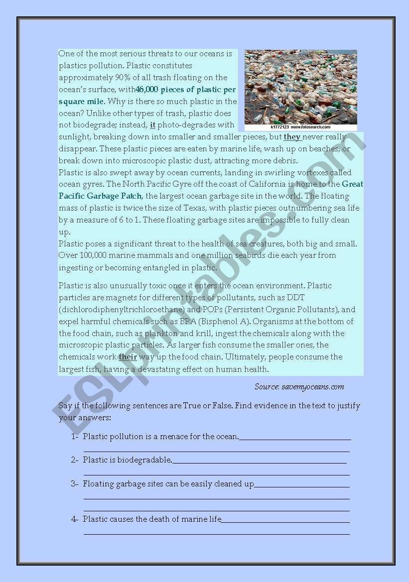 Plastic pollution worksheet