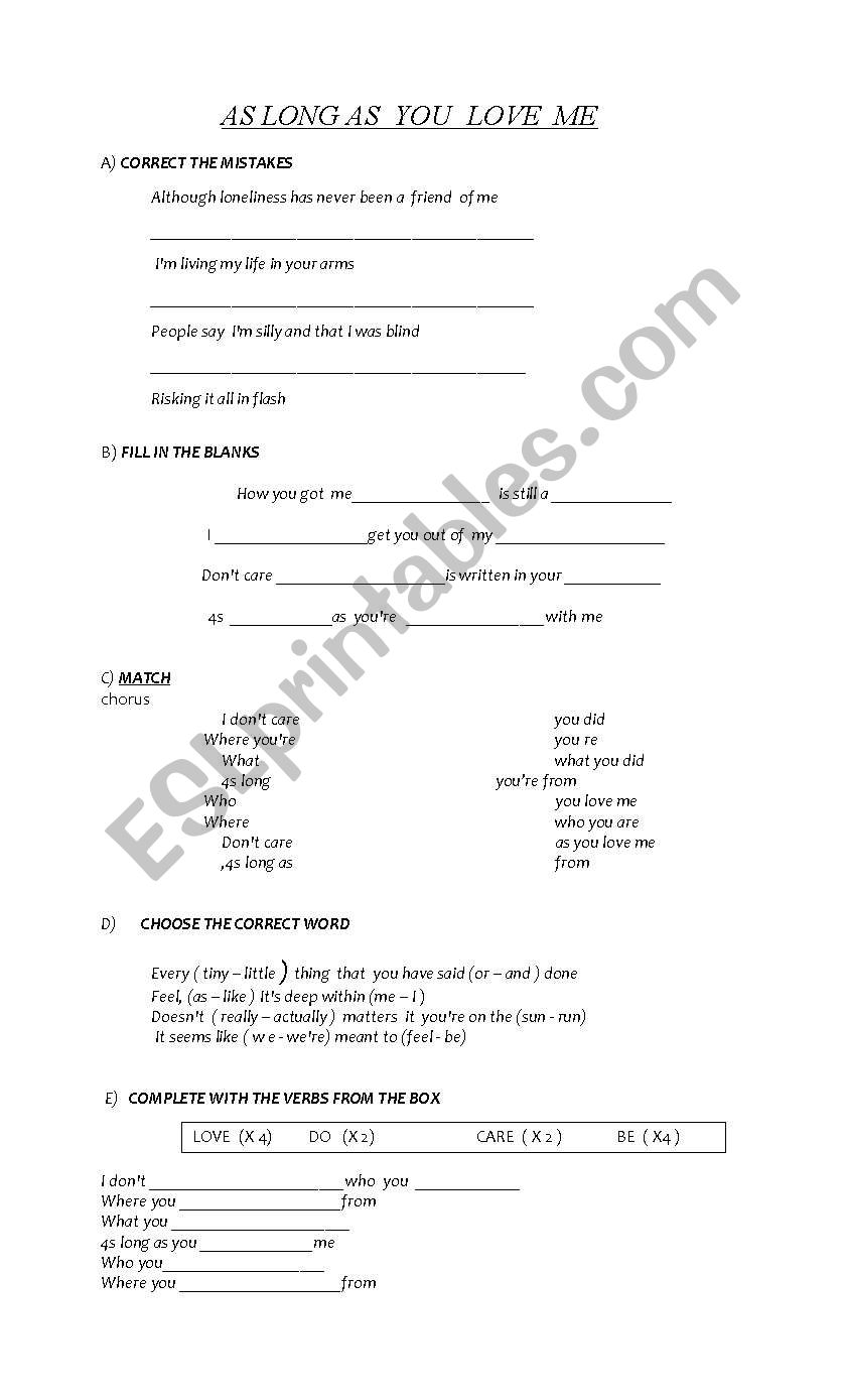 As long as you love me worksheet