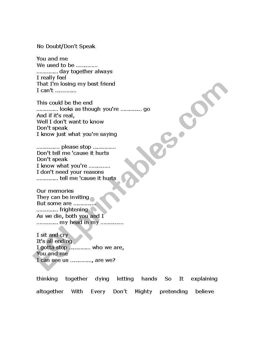 No Doubt/Dont Speak Song Worksheet