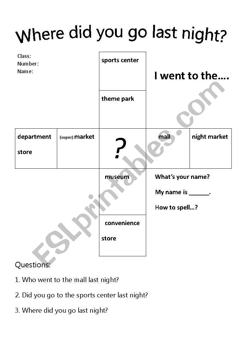 Where did you go Bingo  worksheet