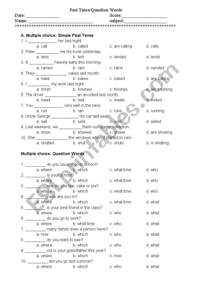 Past Tense and Question Words worksheet
