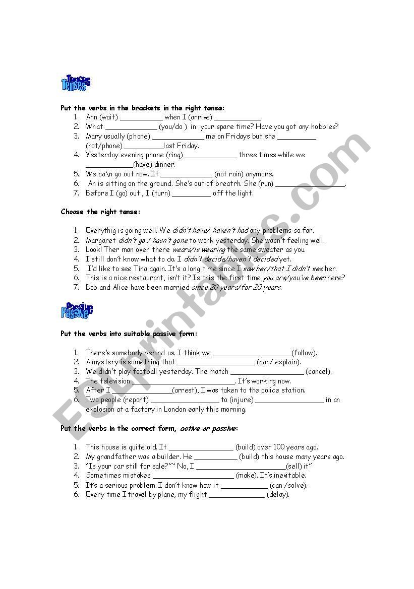 Tenses, Passive, Conditionals worksheet