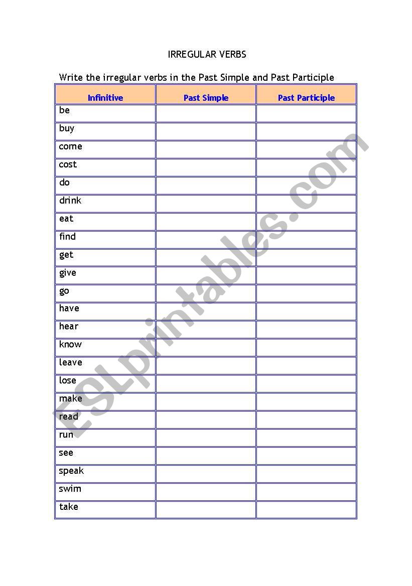 Irregular verbs worksheet