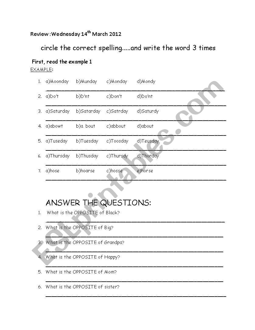 Days of the week spelling worksheet