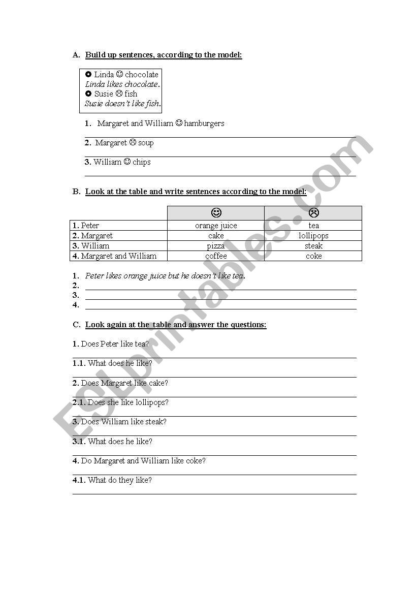 Likes and dislikes worksheet