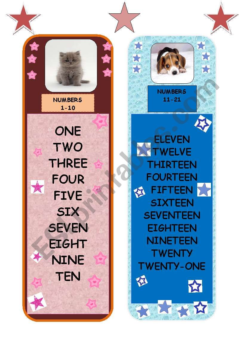 BOOKMARKS - numbers 1-21 worksheet