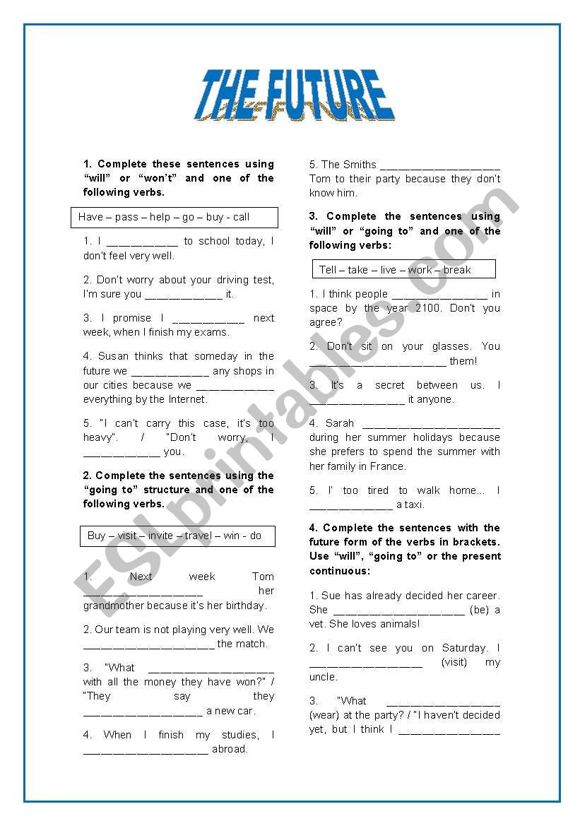 A COMPLETE FUTURE WORKSHEET!!! (WILL, GOING TO, PRESENT CONTINUOUS, FUTURE CONTINUOUS AND FUTURE PERFECT) + KEY!