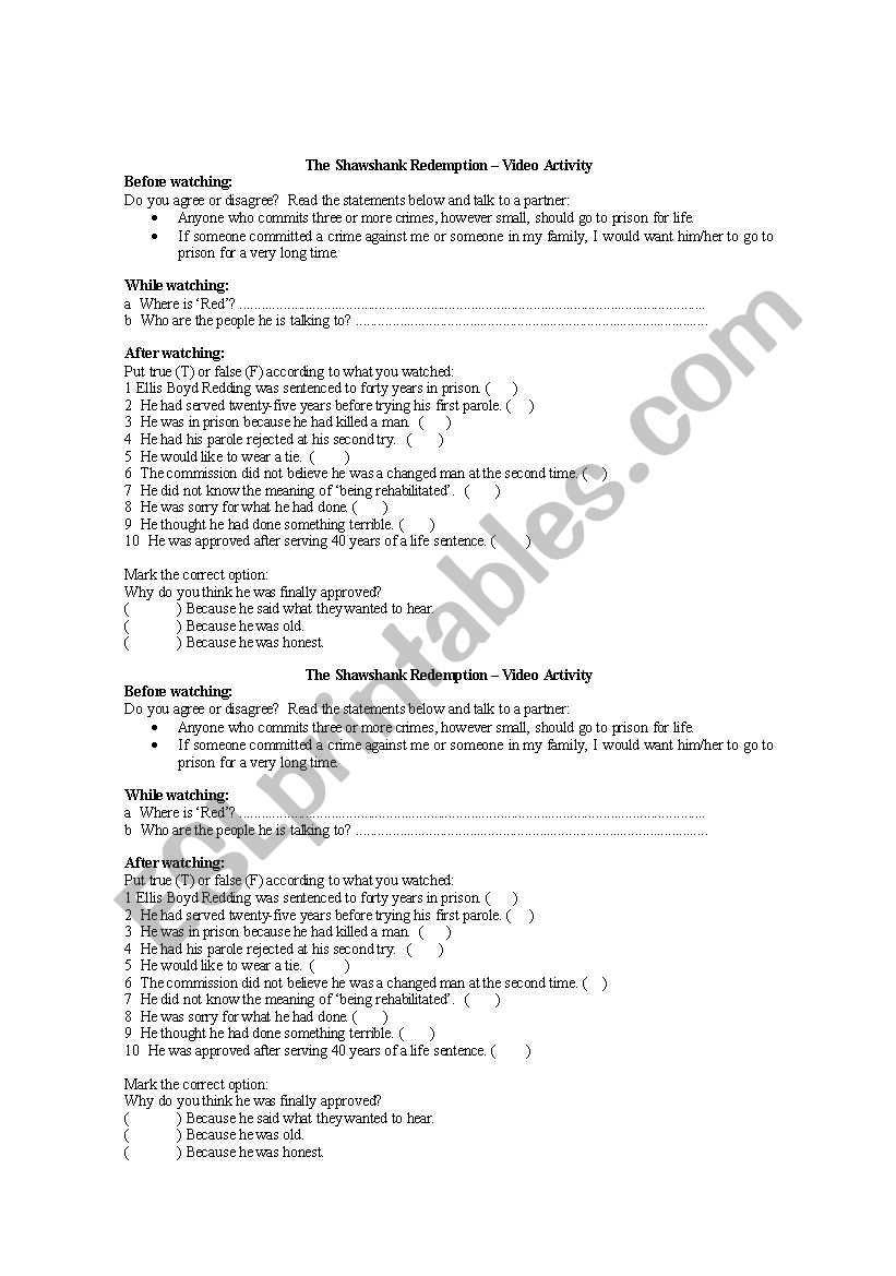 The Shawshank Redemption worksheet