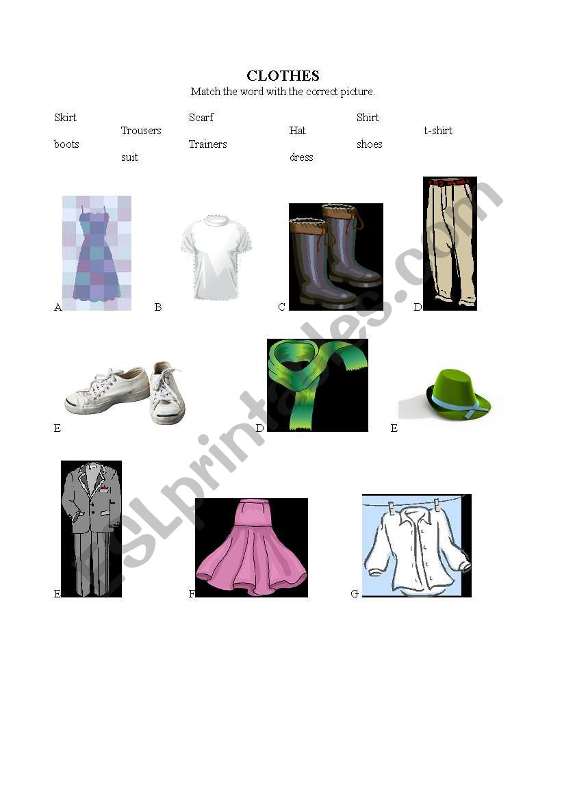 clothes - matching exercise worksheet