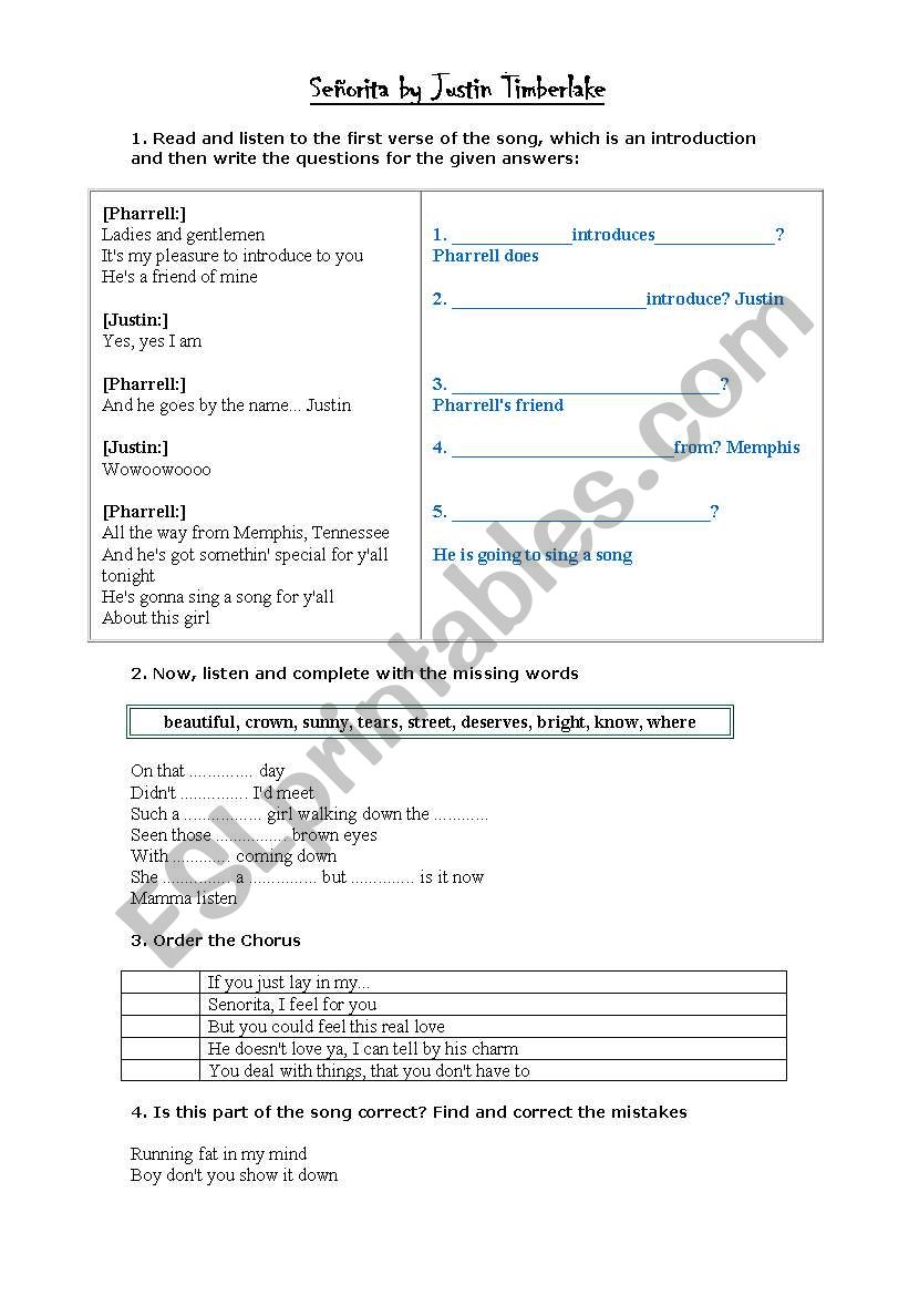 Seorita by Justin Timberlake worksheet