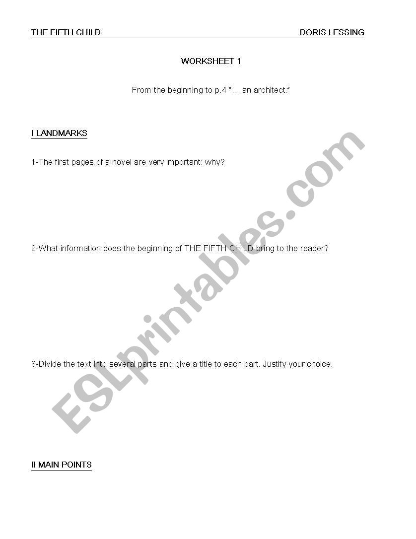 the fifth child by Doris Lessing  opening pages worksheet