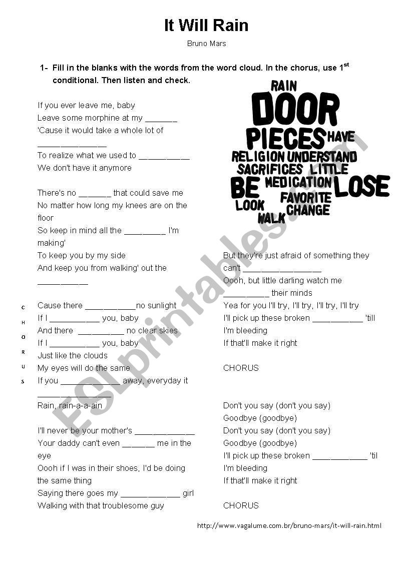 I will rain - Bruno Mars worksheet