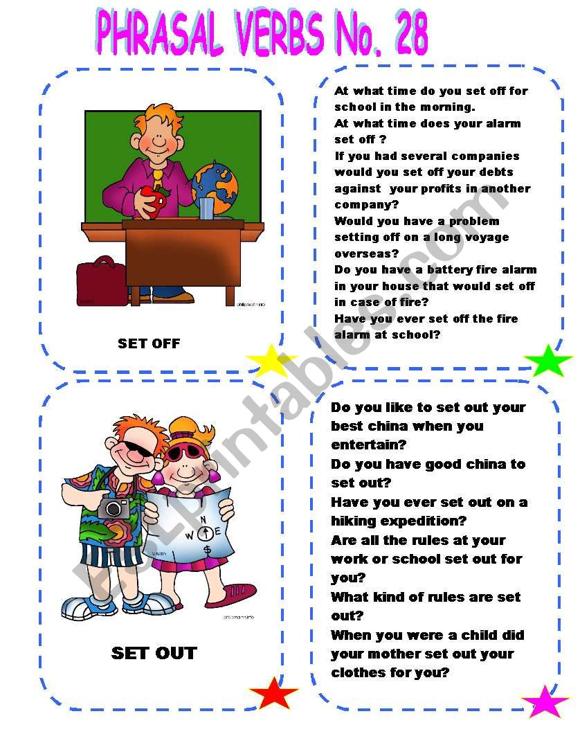 PHRASAL VERB CARD NO. 28 SET OFF AND SET OUT