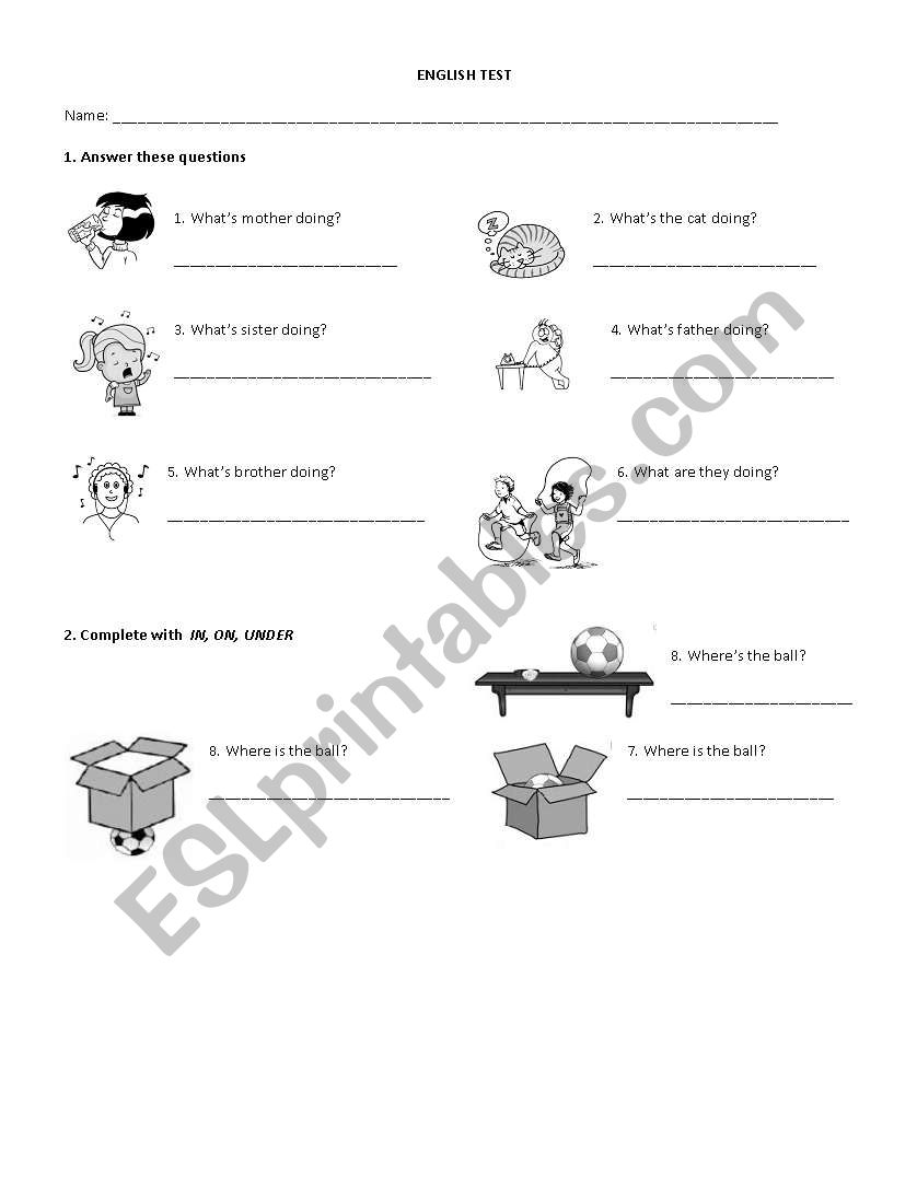 Actions and Prepositions Test worksheet