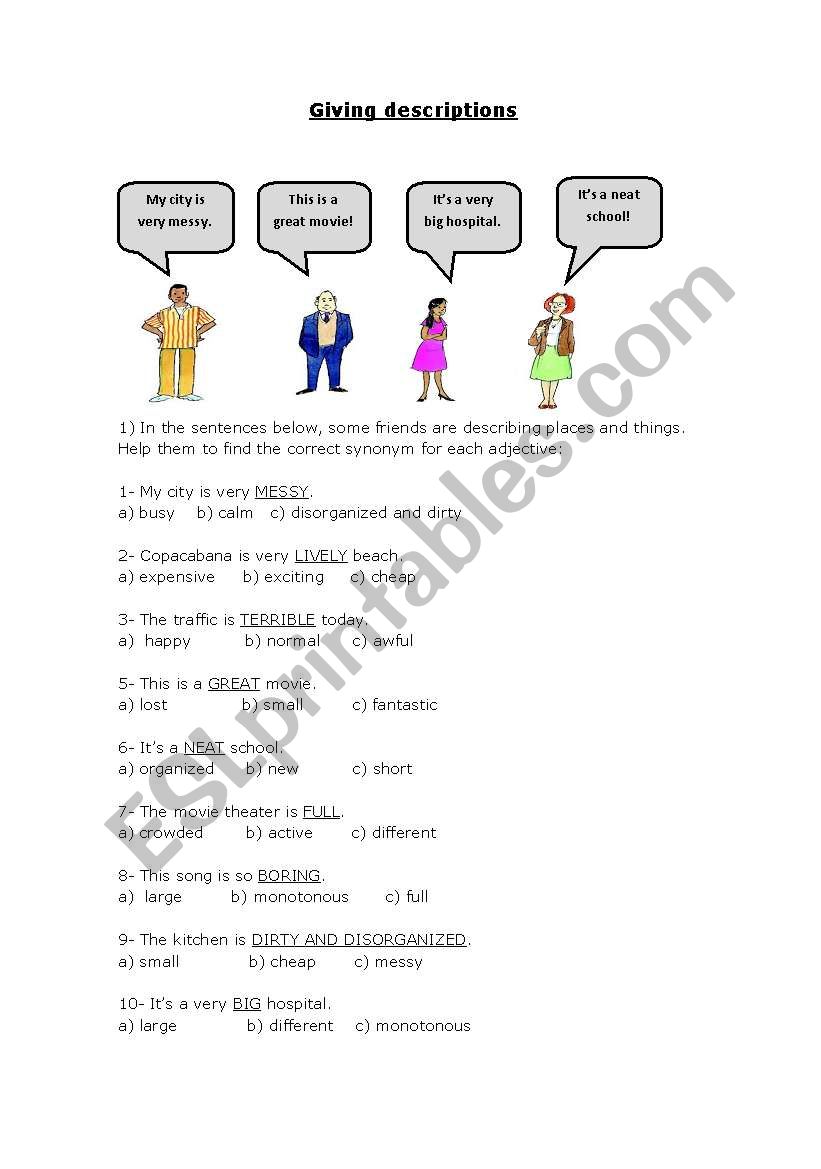 Adjectives and Synonyms worksheet