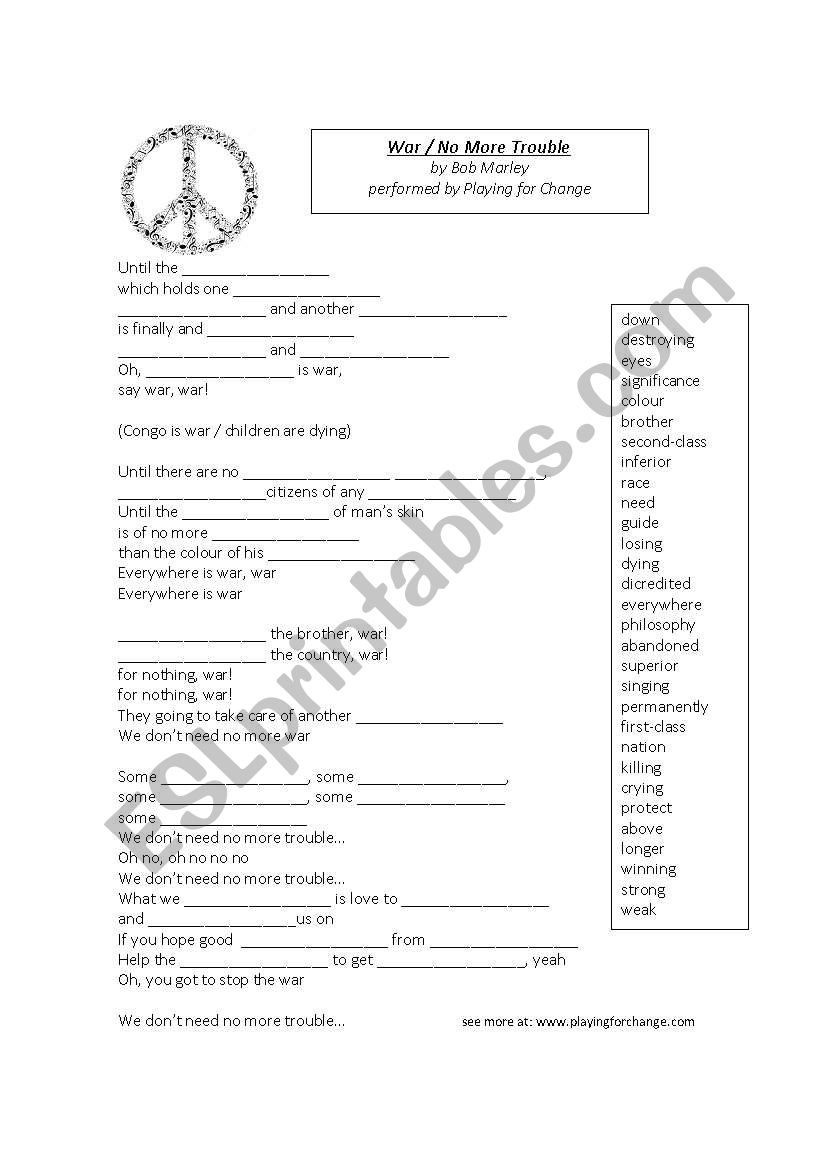 war - no more trouble worksheet