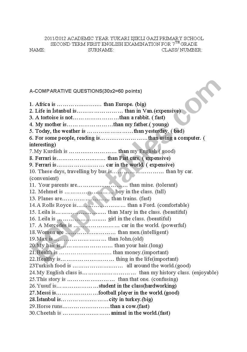  Comparatives,Exam for primary school students,Vocabulary