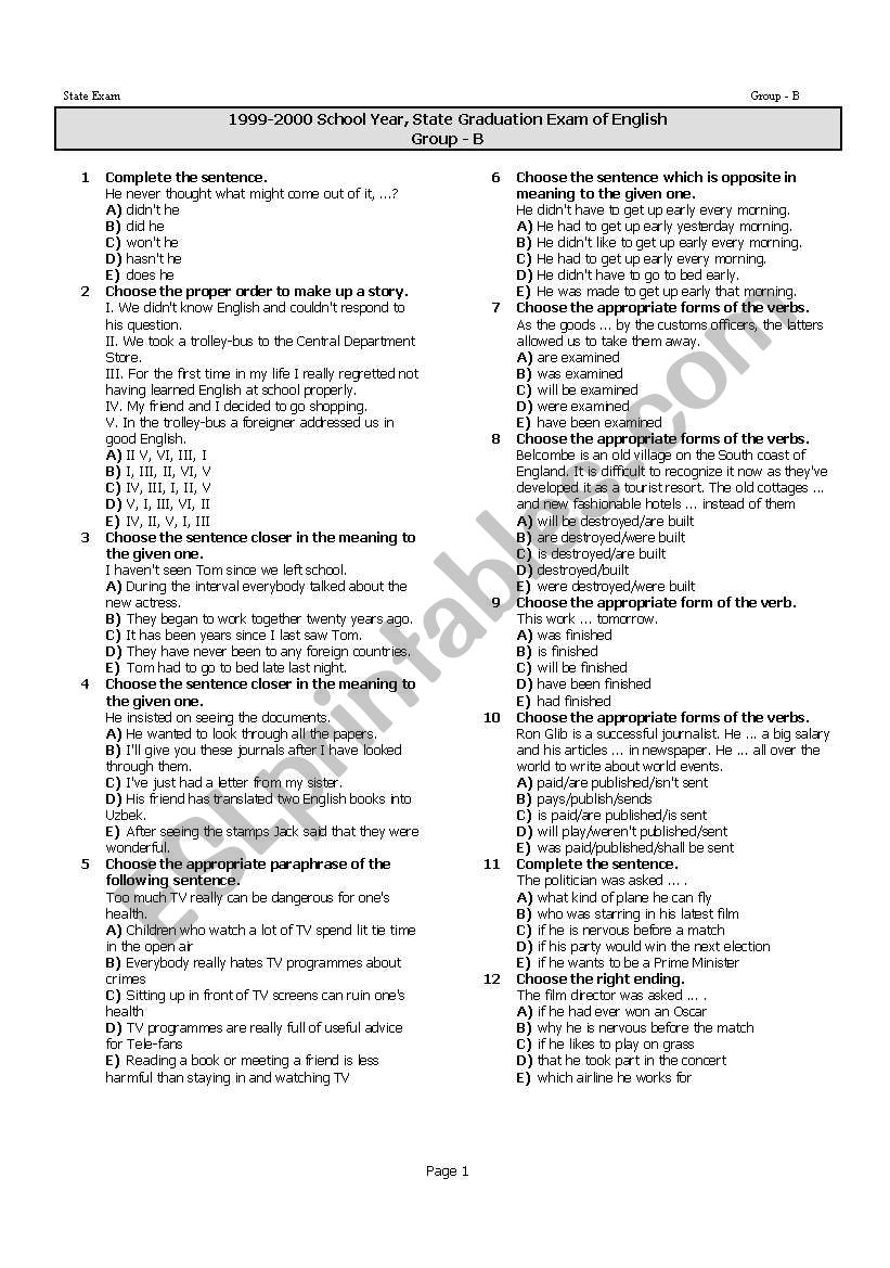 placement test worksheet