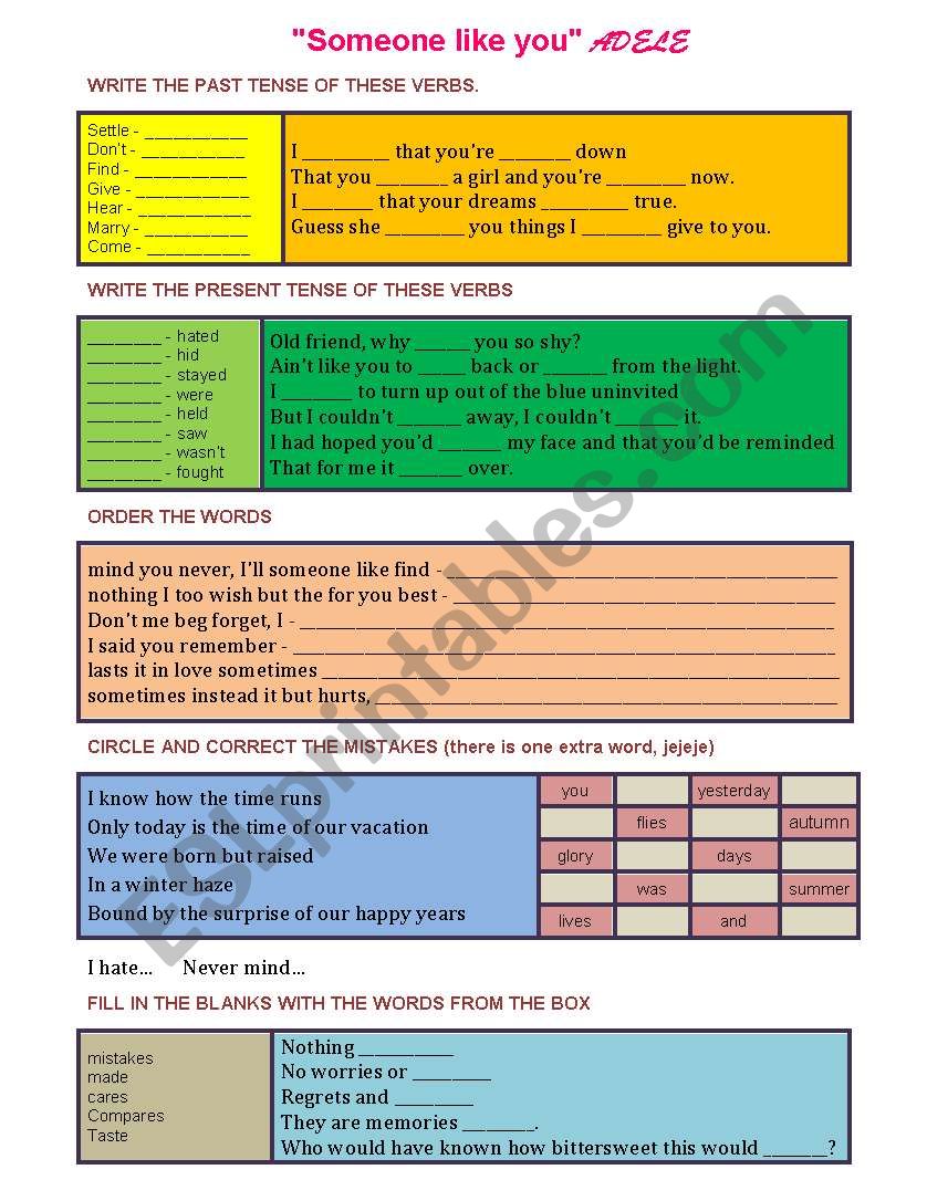 Adeles someone like you worksheet