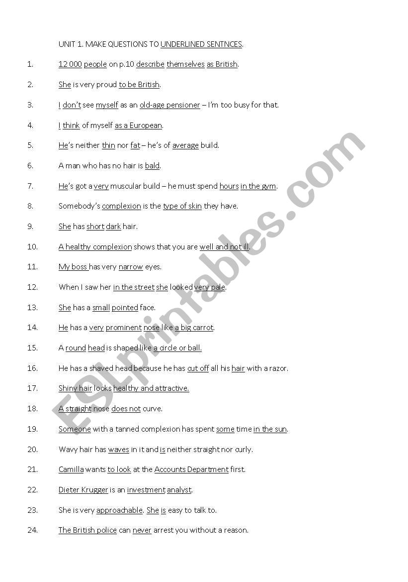 Straightforward Intermediate Unit 1 Worksheet: Make questions to underlined words