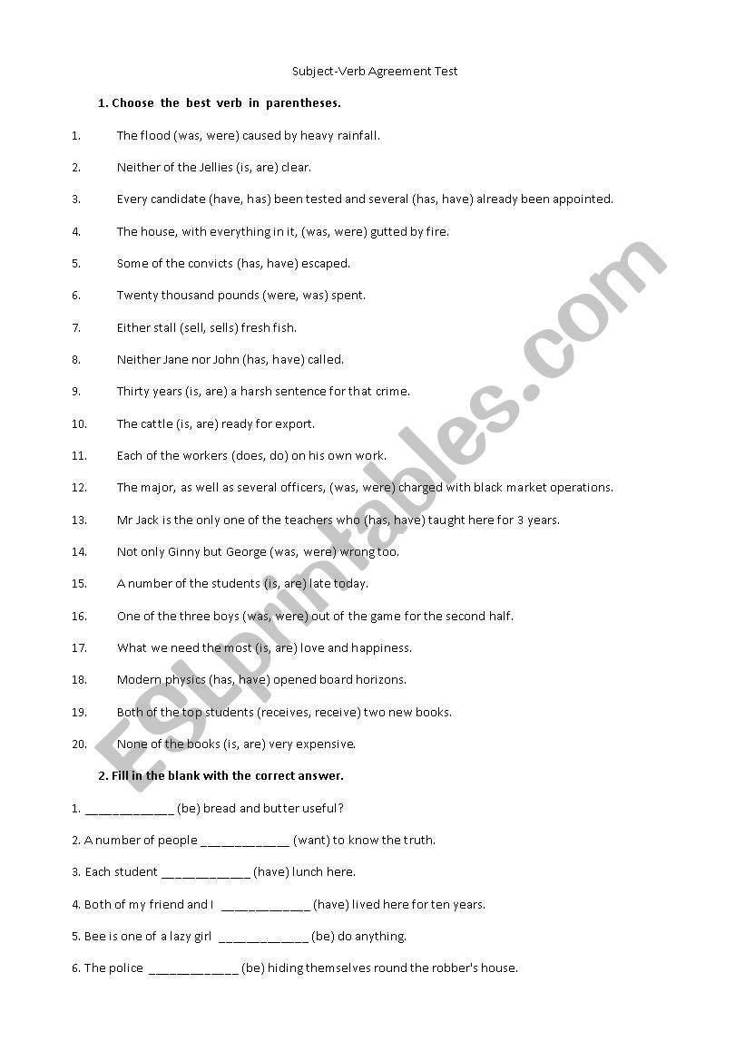 Subject-Verb Agreement Test worksheet