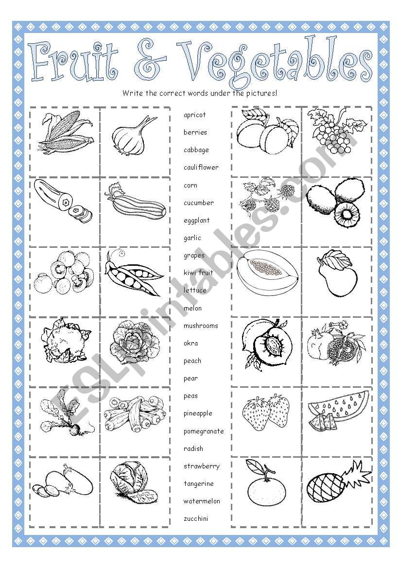 fruit & vegetable 2pgs: match + crossword printer friendly