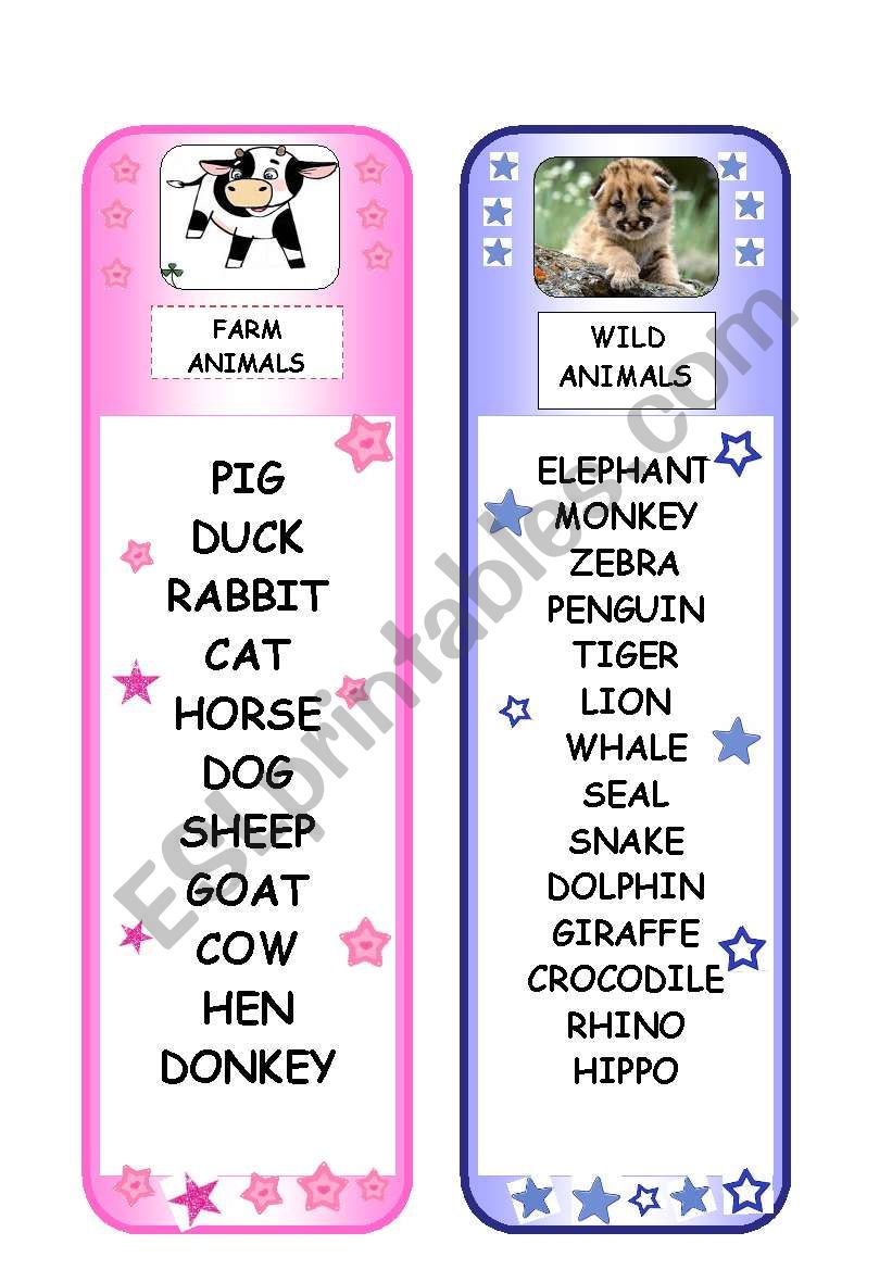 BOOKMARK - wild animals, farm animals